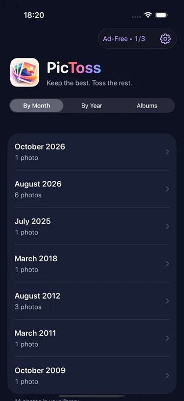 PicToss home screen in dark mode listing months to sort.