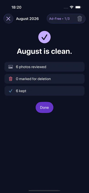 PicToss completion screen in dark mode reading August is clean, with counts of photos reviewed, marked and kept.