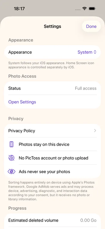 PicToss settings with Appearance, Photo Access, Privacy and Progress sections.