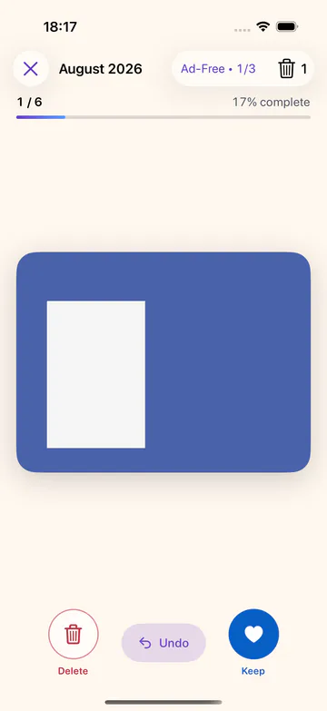 PicToss sorting screen showing a photo card with Delete, Undo and Keep buttons and a progress bar.