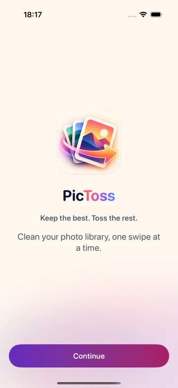 PicToss welcome screen in light mode, with the PicToss logo and a Continue button.