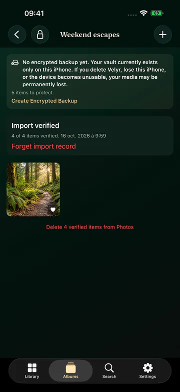 Velyr album named Weekend escapes containing a forest photo.
