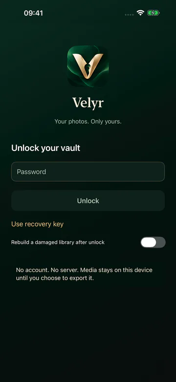 Velyr unlock screen with the Velyr logo, a password field and an Unlock button.