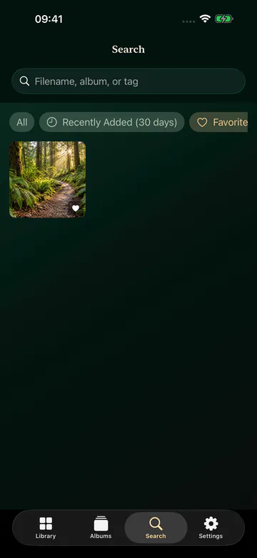 Velyr search screen with a search field and filters for Recently Added and Favorites.