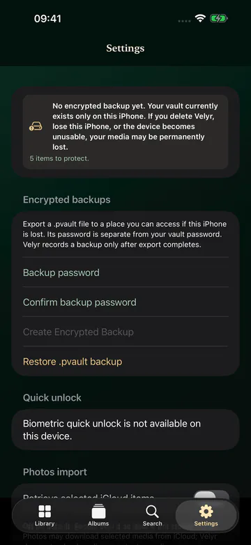 Velyr settings showing encrypted backup options with backup password fields and quick unlock.